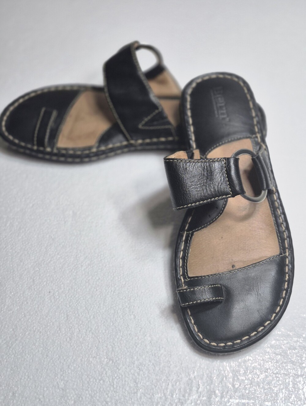 Børn Black Leather Toe Ring Loop Comfort Slide Sandals
